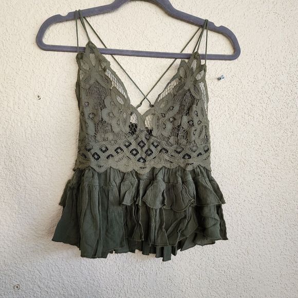Free People Adela Cami Olive Green Tank Top Size M  Lace NWT  Party Cami - Picture 6 of 12
